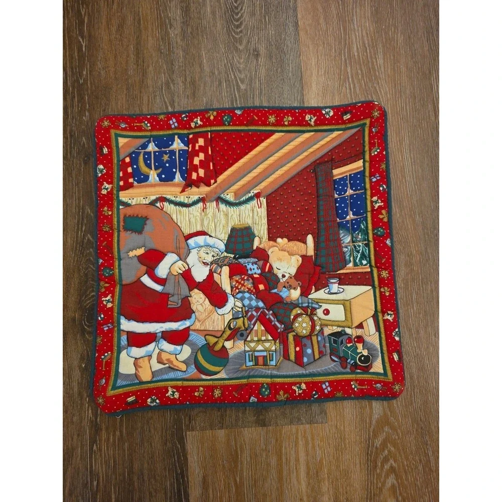 IKEA Christmas Santa Quilted Throw Pillow‎ Cover 15x15 Red Winter Holiday Toys